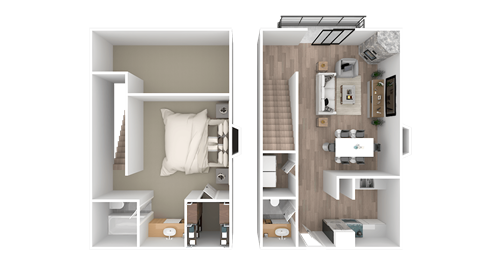 a 3d rendering of a bedroom and a bathroom with a floor plan